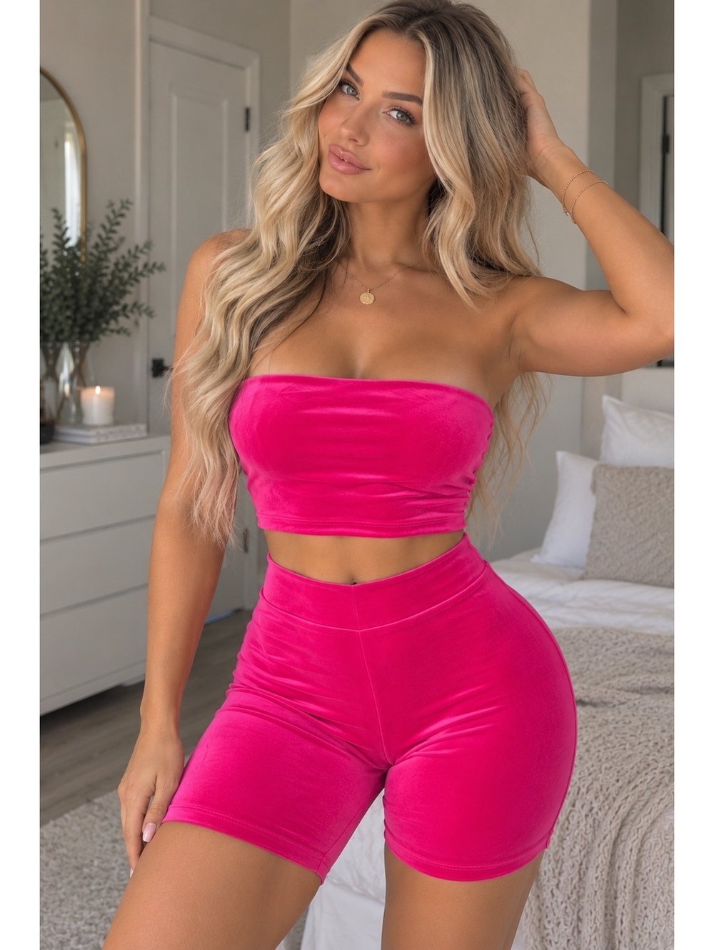 Hot Pink Velour Tube Top & Biker Shorts Set – Size Small